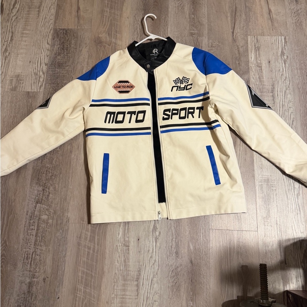 NYC Moto Sport Men's Cream & Blue Racing Jacket